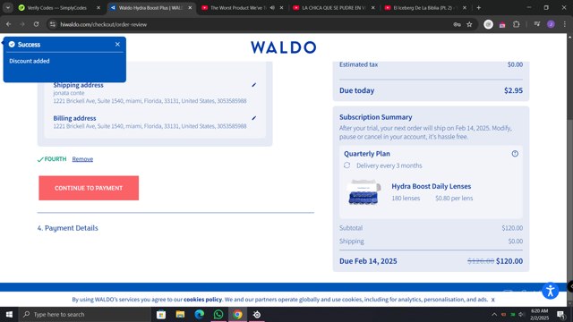 Waldo Daily Contact Lenses checkout page showing Waldo Daily Contact Lenses promo code box | Screenshot taken by SimplyCodes community member on Feb 2, 2025