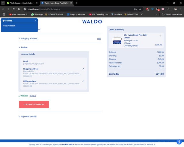 Waldo Daily Contact Lenses checkout page showing Waldo Daily Contact Lenses promo code box | Screenshot taken by SimplyCodes community member on Mar 1, 2025