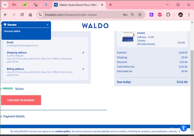 Waldo Daily Contact Lenses checkout page showing Waldo Daily Contact Lenses promo code box | Screenshot taken by SimplyCodes community member on Jan 31, 2025