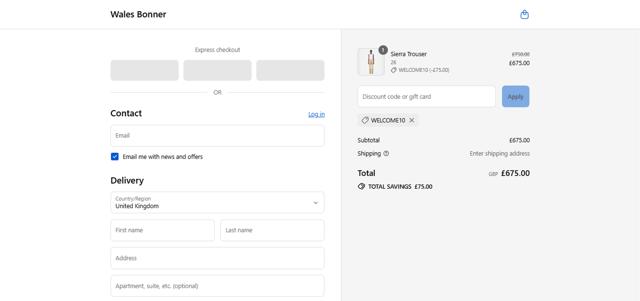 Wales Bonner checkout page showing Wales Bonner discount code box | Screenshot taken by SimplyCodes community member on Sep 6, 2025