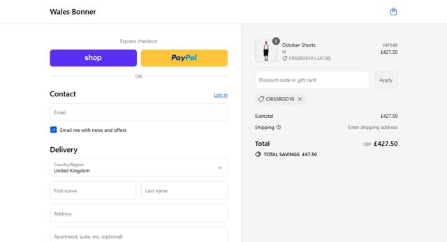 Wales Bonner checkout page showing Wales Bonner discount code box | Screenshot taken by SimplyCodes community member on Aug 29, 2025