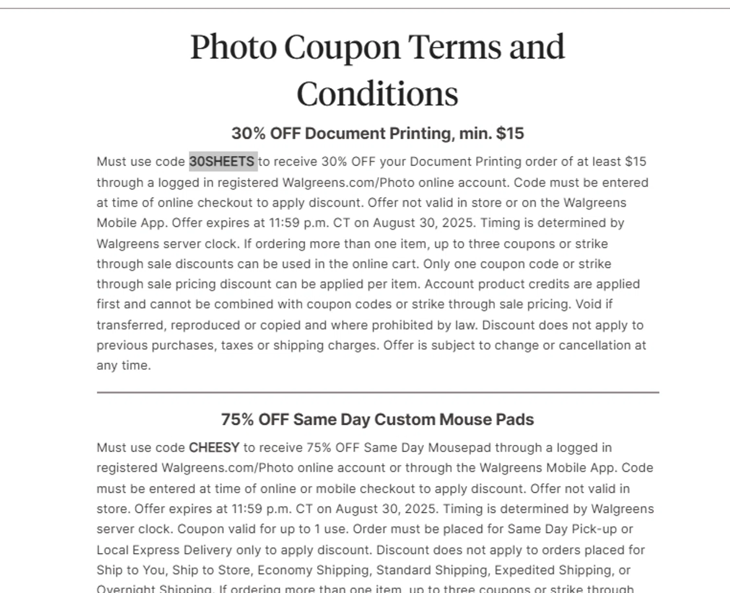 Walgreens Photo coupon code screenshot showing code 30SHEETS applied at Walgreens Photo checkout page. Uploaded by SimplyCodes community member ______ on Aug 27, 2025