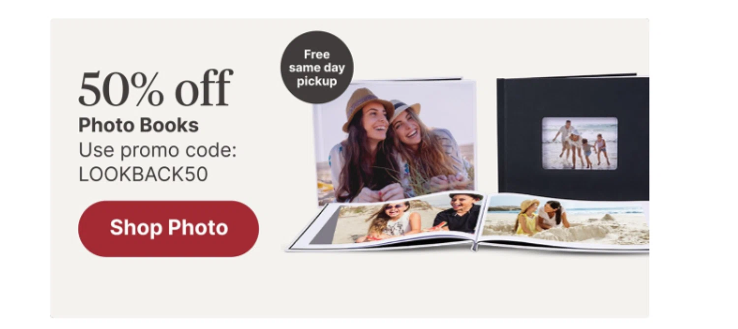 Walgreens Photo coupon code screenshot showing code LOOKBACK50 applied at Walgreens Photo checkout page. Uploaded by SimplyCodes community member ______ on Aug 25, 2025