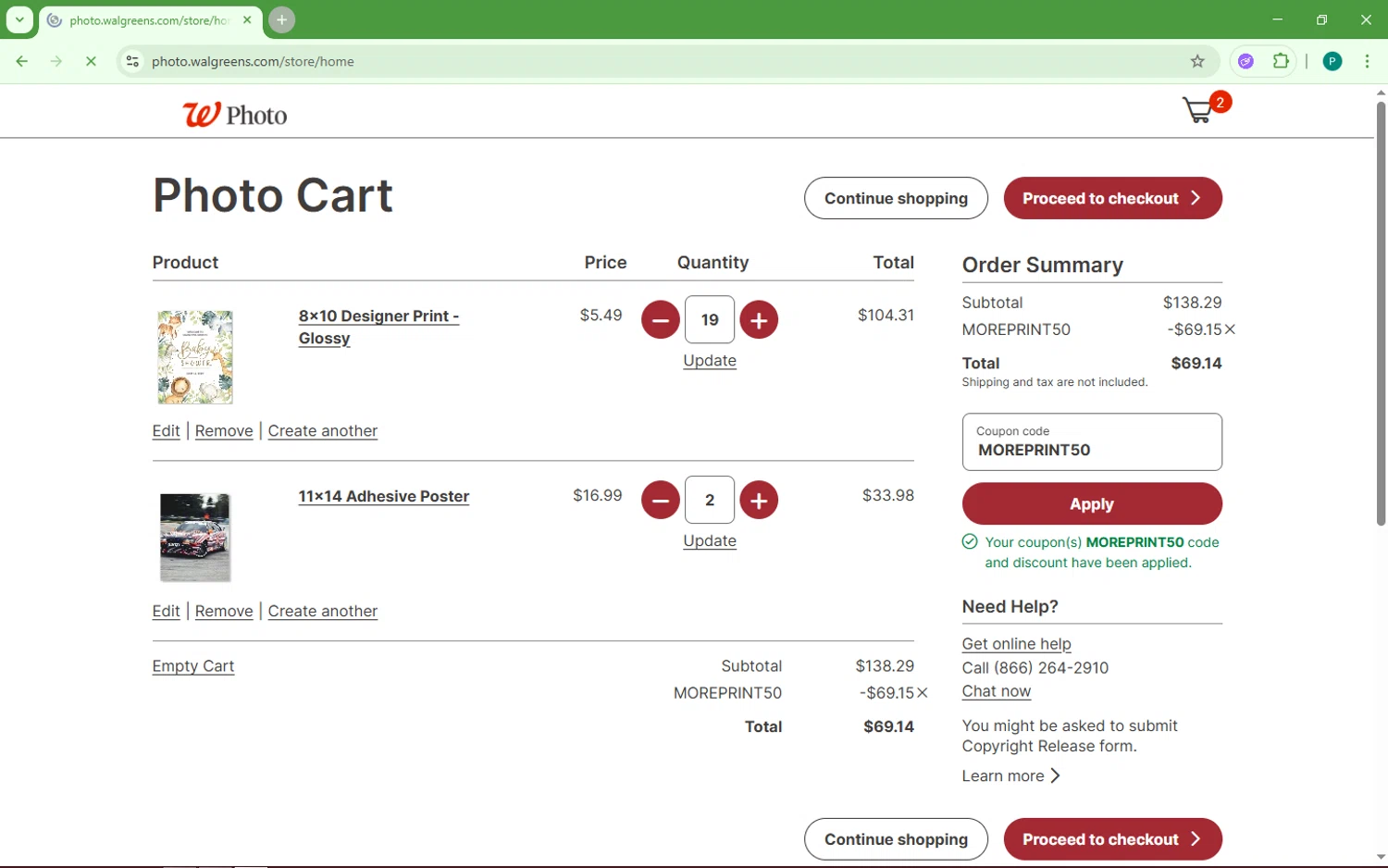 Walgreens Photo coupon code screenshot showing code MOREPRINT50 applied at Walgreens Photo checkout page. Uploaded by SimplyCodes community member FerminLopez on Aug 18, 2025