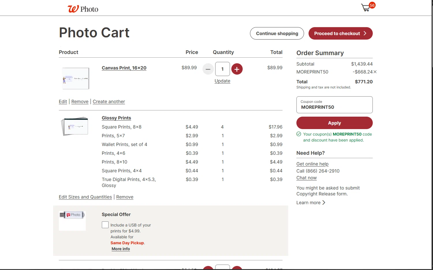 Walgreens Photo coupon code screenshot showing code MOREPRINT50 applied at Walgreens Photo checkout page. Uploaded by SimplyCodes community member Isabelle_adjanichamber on Aug 26, 2025