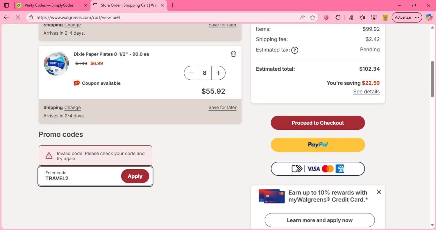 Walgreens Photo coupon code screenshot showing code TRAVEL2 applied at Walgreens Photo checkout page. Uploaded by SimplyCodes community member JumanjiValentino on Aug 25, 2025