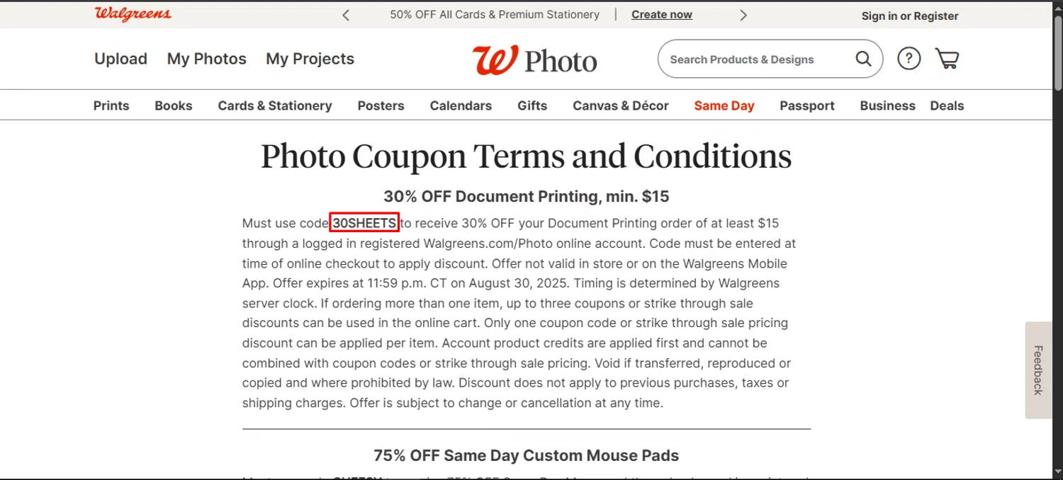 Walgreens Photo coupon code screenshot showing code 30SHEETS applied at Walgreens Photo checkout page. Uploaded by SimplyCodes community member noworries on Aug 27, 2025