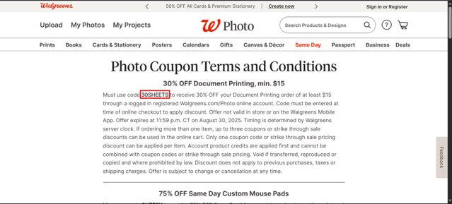 Walgreens Photo checkout page showing Walgreens Photo coupon code box | Screenshot taken by SimplyCodes community member on Aug 27, 2025