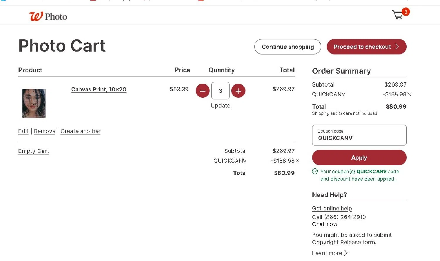 Walgreens Photo promo code screenshot showing code QUICKCANV applied at Walgreens Photo checkout page. Uploaded by SimplyCodes community member LAMINEJAMAL on Jun 7, 2026