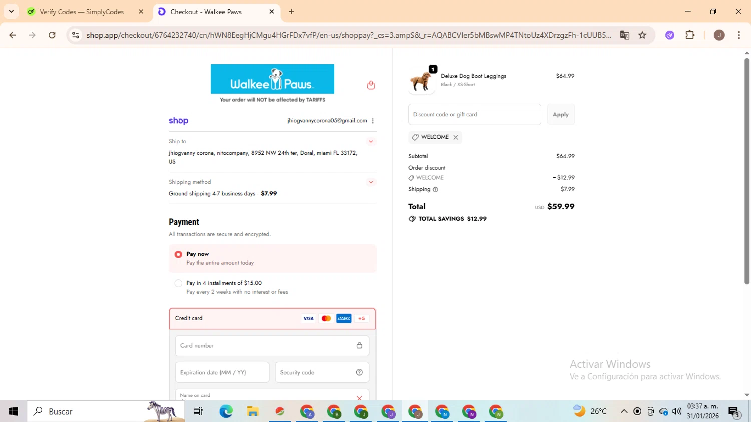 Walkee Paws promo code screenshot showing code welcome applied at Walkee Paws checkout page. Uploaded by SimplyCodes community member ValiantHero2365 on Jan 31, 2026