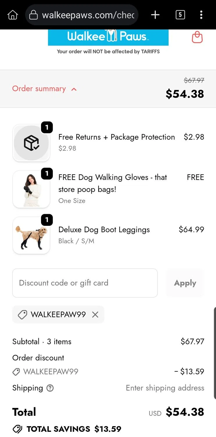 Walkee Paws promo code screenshot showing code Walkeepaw99 applied at Walkee Paws checkout page. Uploaded by SimplyCodes community member Carloslvz on Jan 17, 2026