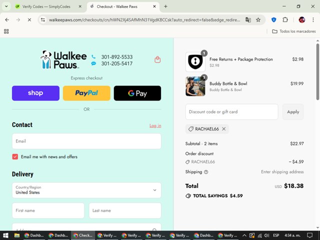 Walkee Paws checkout page showing Walkee Paws discount code box | Screenshot taken by SimplyCodes community member on Sep 3, 2025