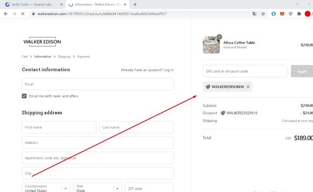 Walker Edison checkout page showing Walker Edison discount code box | Screenshot taken by SimplyCodes community member on Mar 29, 2022