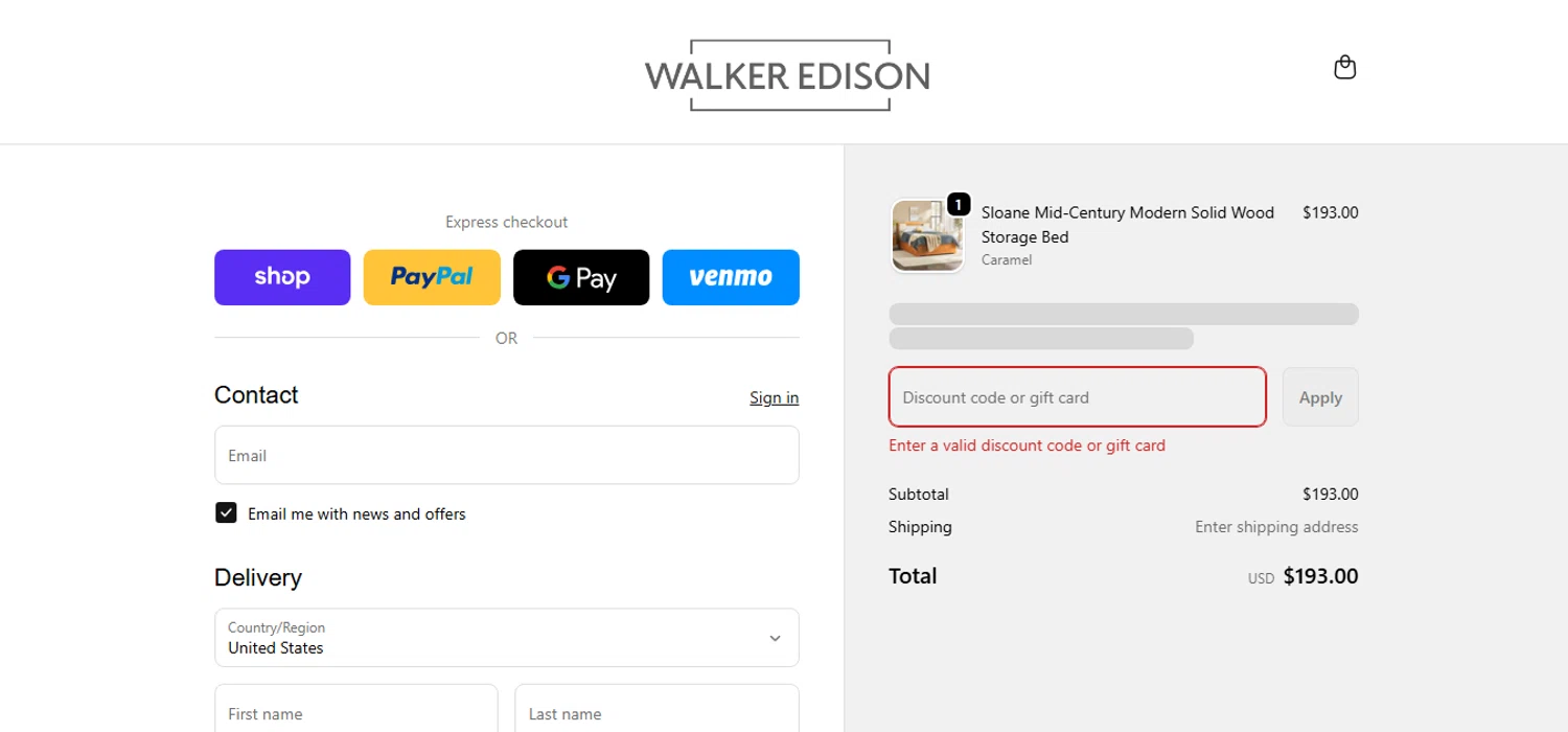Walker Edison promo code screenshot showing code WALKEREDISON10 applied at Walker Edison checkout page. Uploaded by SimplyCodes community member xHRxUltrax on Dec 29, 2025
