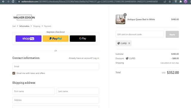 Walker Edison checkout page showing Walker Edison discount code box | Screenshot taken by SimplyCodes community member on Feb 14, 2022