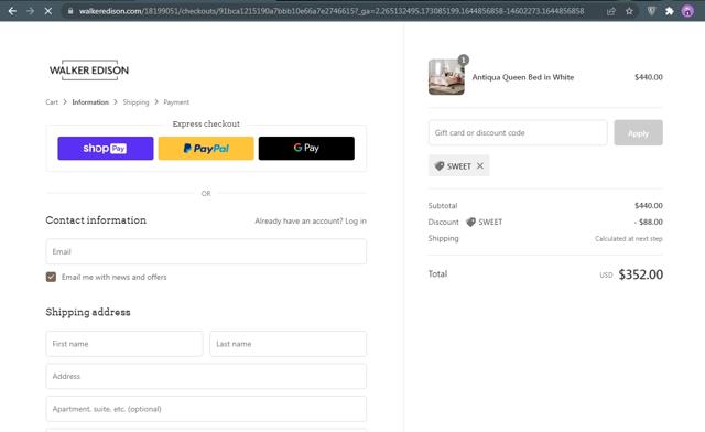 Walker Edison checkout page showing Walker Edison discount code box | Screenshot taken by SimplyCodes community member on Feb 14, 2022