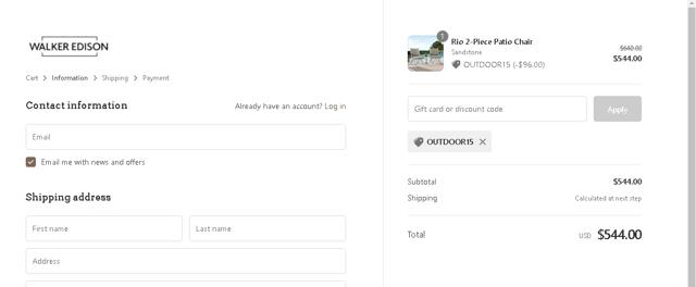Walker Edison checkout page showing Walker Edison discount code box | Screenshot taken by SimplyCodes community member on Mar 1, 2022