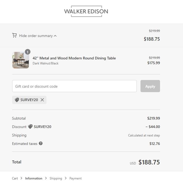 Walker Edison checkout page showing Walker Edison discount code box | Screenshot taken by SimplyCodes community member on Jan 22, 2023