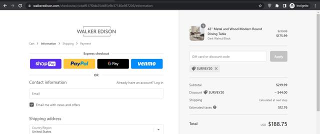 Walker Edison checkout page showing Walker Edison discount code box | Screenshot taken by SimplyCodes community member on Feb 20, 2023