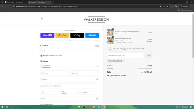 Walker Edison checkout page showing Walker Edison discount code box | Screenshot taken by SimplyCodes community member on May 2, 2024