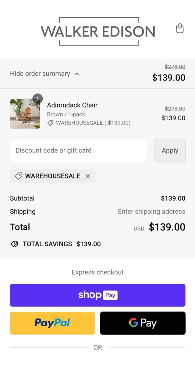 Walker Edison checkout page showing Walker Edison discount code box | Screenshot taken by SimplyCodes community member on Jun 6, 2024