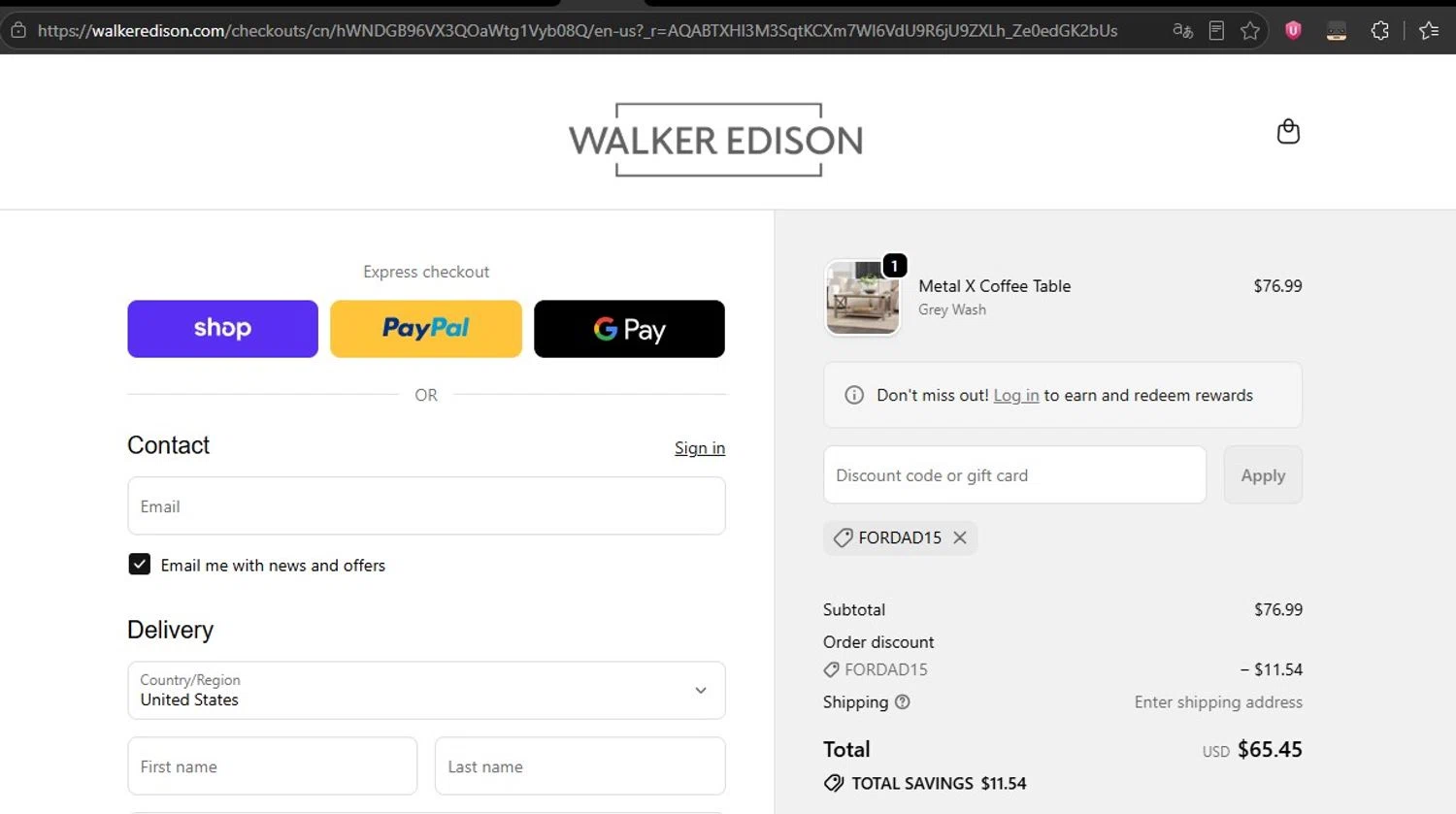 Walker Edison promo code screenshot showing code FORDAD15 applied at Walker Edison checkout page. Uploaded by SimplyCodes community member HonestVzla on Jun 19, 2026