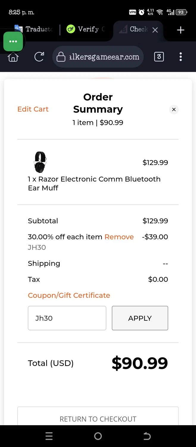 Walker's Game Ear coupon code screenshot showing code Jh30 applied at Walker's Game Ear checkout page. Uploaded by SimplyCodes community member JannyiseaN on Jul 1, 2025