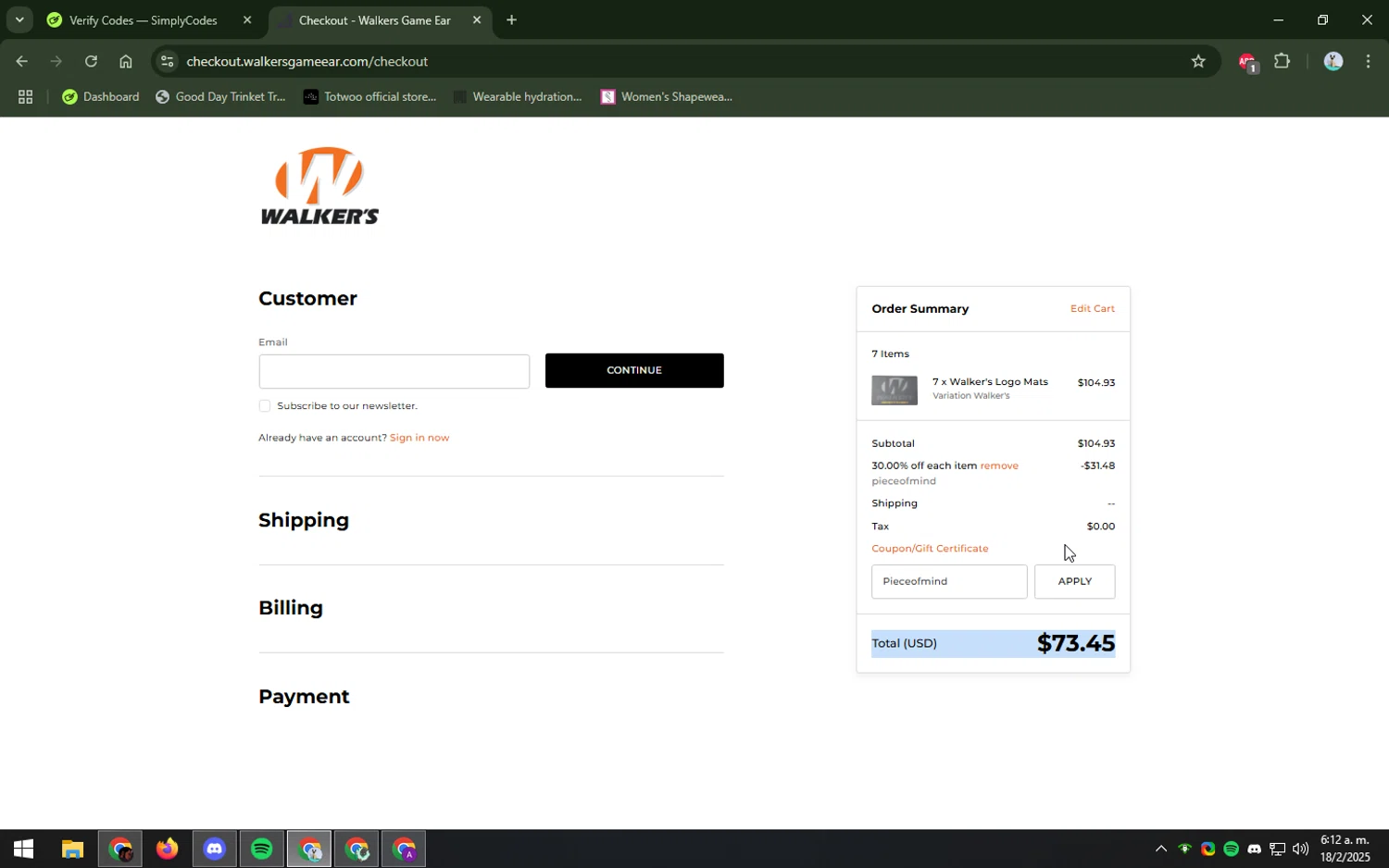 Walker's Game Ear coupon code screenshot showing code Pieceofmind applied at Walker's Game Ear checkout page. Uploaded by SimplyCodes community member DIOSESMIGUIA on Feb 18, 2025