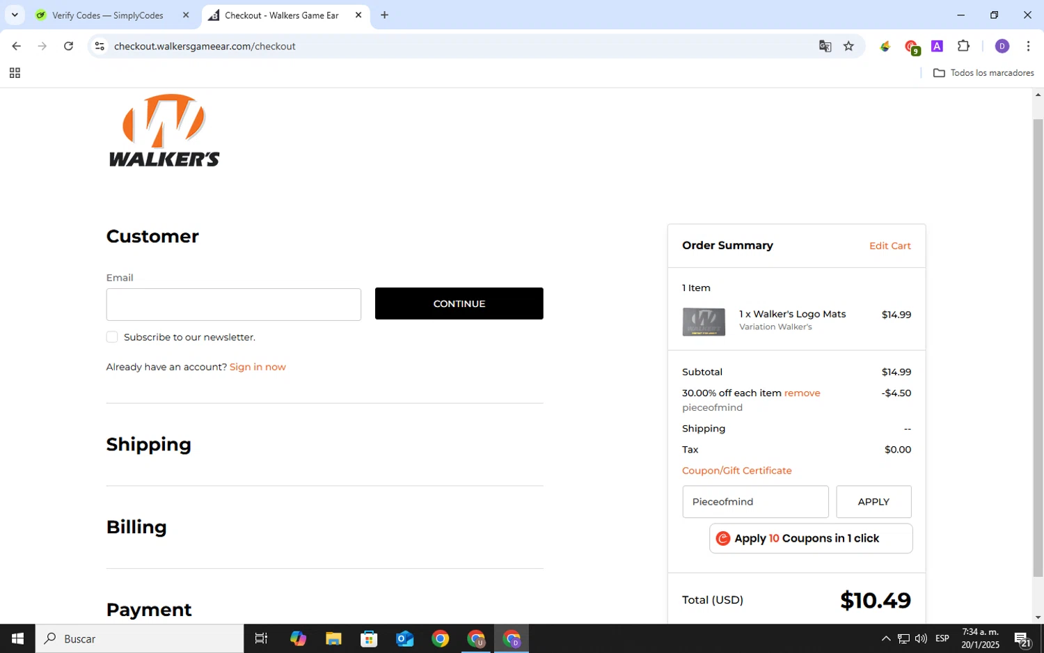 Walker's Game Ear coupon code screenshot showing code Pieceofmind applied at Walker's Game Ear checkout page. Uploaded by SimplyCodes community member SavingsSpotter2269 on Jan 20, 2025