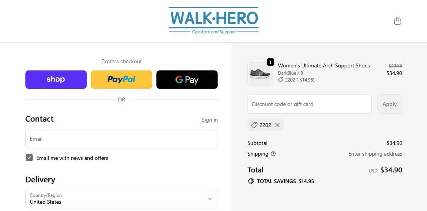 WalkHero discount code screenshot showing code 2202 applied at WalkHero checkout page. Uploaded by SimplyCodes community member stygian1 on Oct 23, 2025