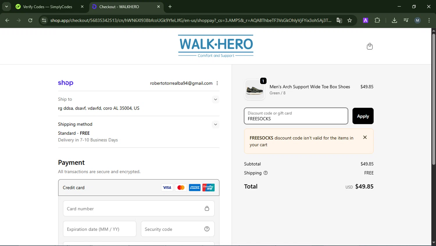 WalkHero checkout page showing WalkHero discount code box | Screenshot taken by SimplyCodes community member on Dec 17, 2025