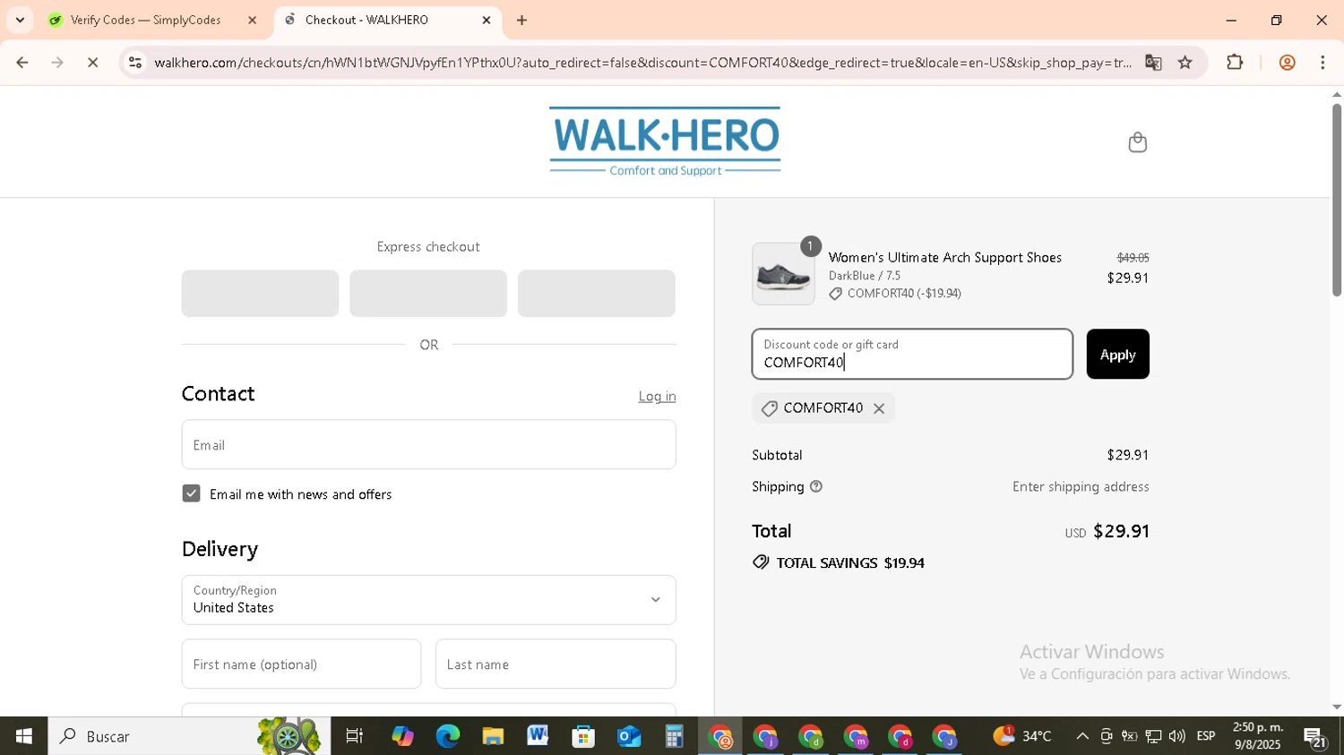WalkHero discount code screenshot showing code COMFORT40 applied at WalkHero checkout page. Uploaded by SimplyCodes community member RebateCollector5909 on Aug 9, 2025