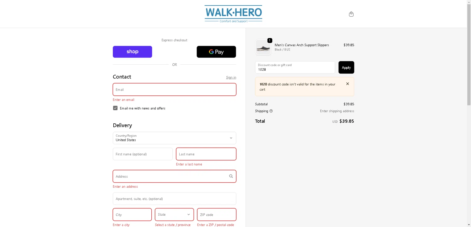 WalkHero discount code screenshot showing code 1028 applied at WalkHero checkout page. Uploaded by SimplyCodes community member aver_136263192 on Oct 28, 2025
