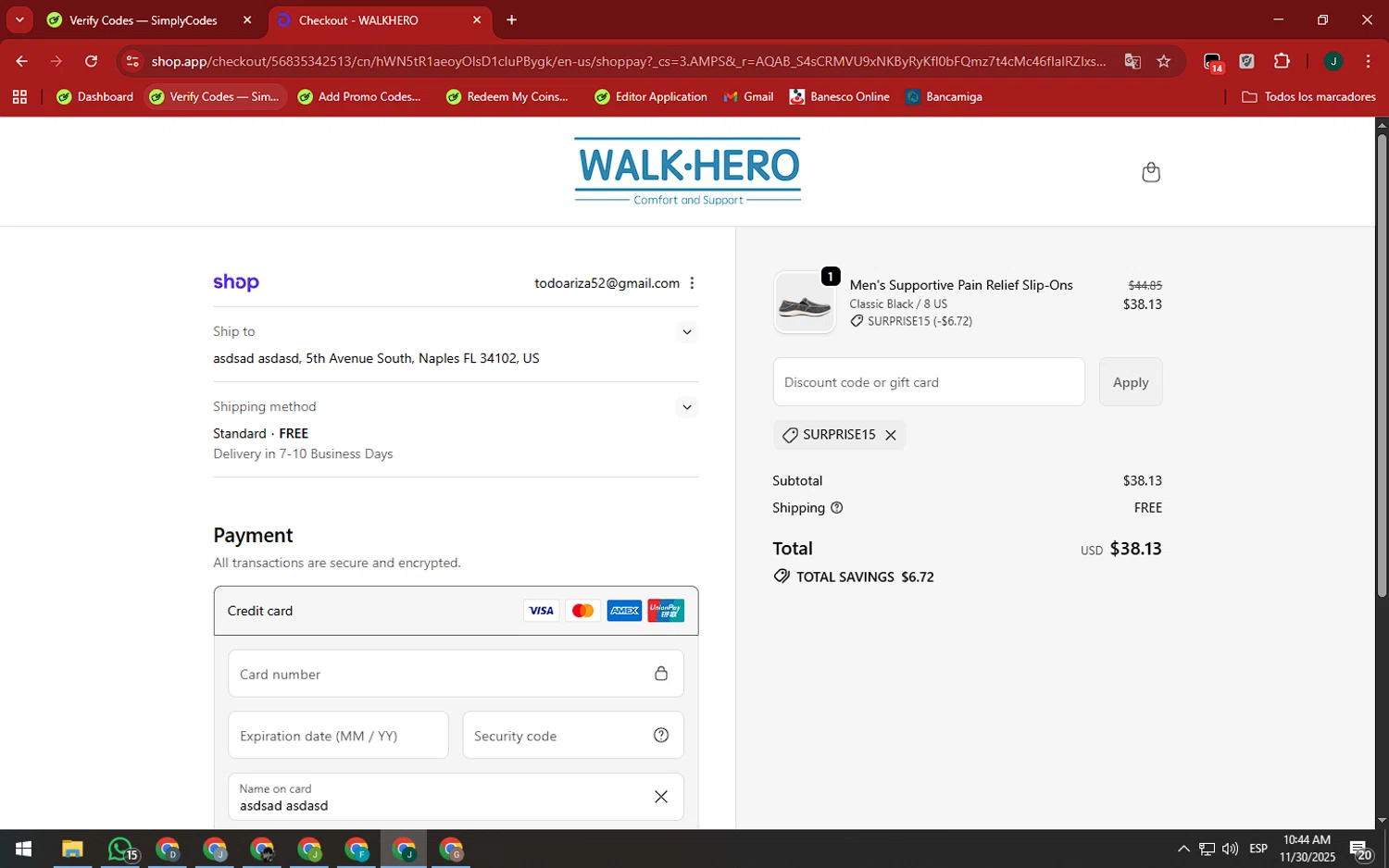 WalkHero discount code screenshot showing code Surprise15 applied at WalkHero checkout page. Uploaded by SimplyCodes community member SilverAdmiral2559 on Nov 30, 2025