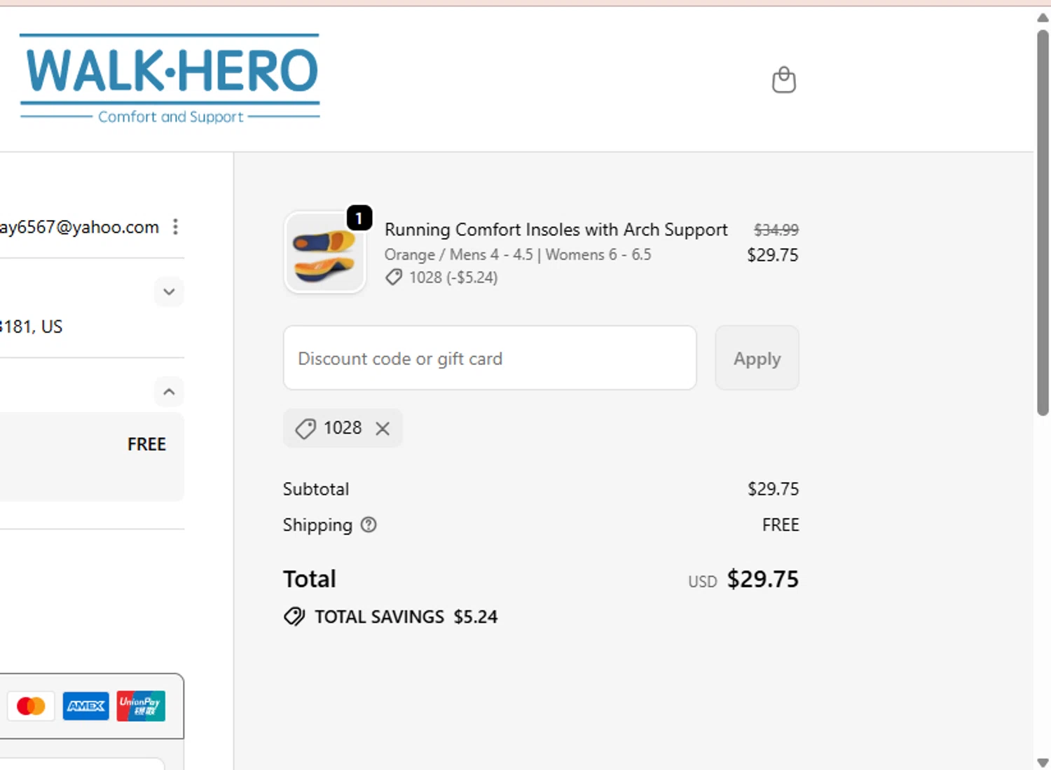 WalkHero discount code screenshot showing code 1028 applied at WalkHero checkout page. Uploaded by SimplyCodes community member Lamadama on Oct 28, 2025