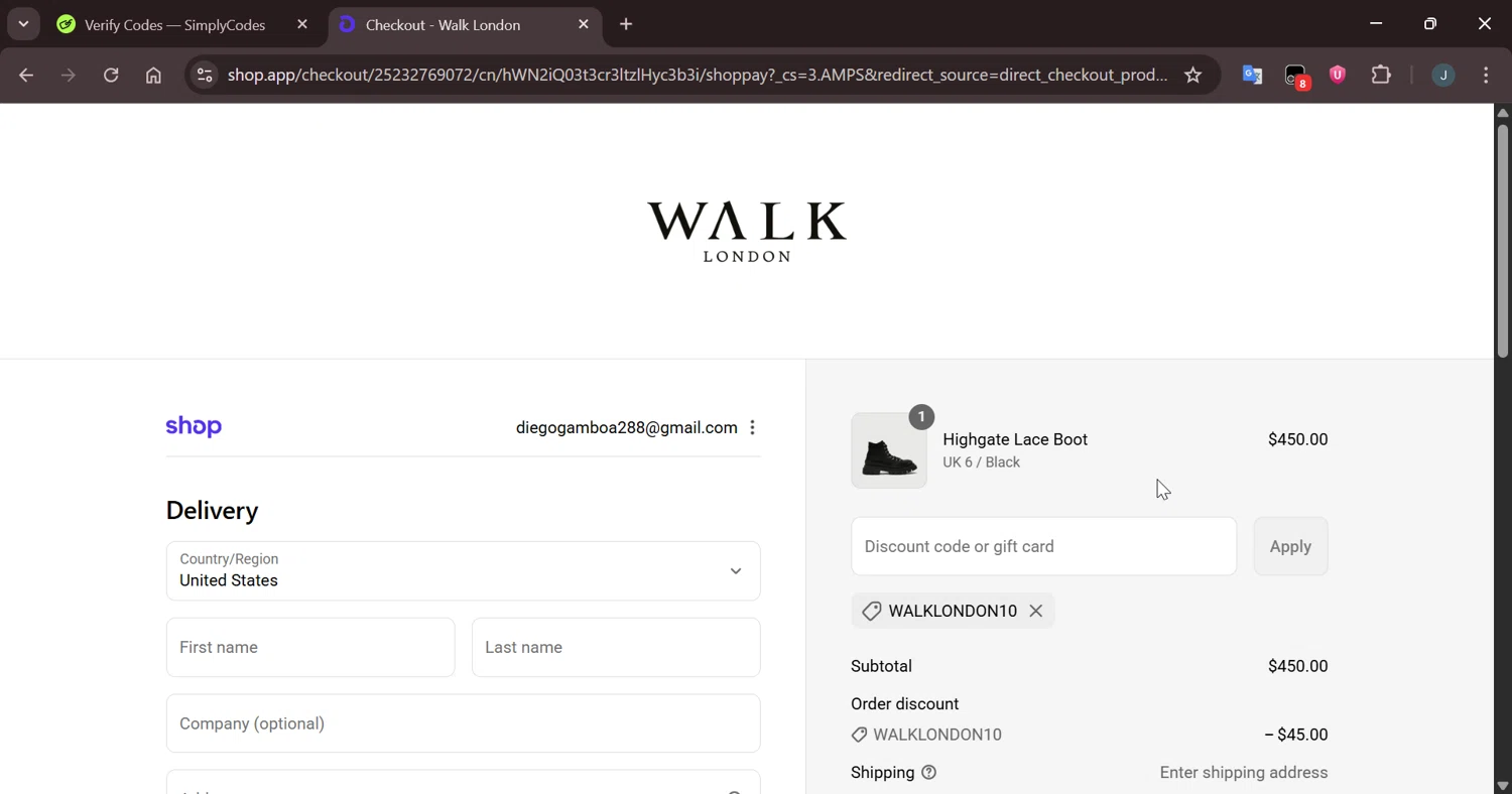 Walk London discount code screenshot showing code WALKLONDON10 applied at Walk London checkout page. Uploaded by SimplyCodes community member Eltoro20 on Sep 7, 2025