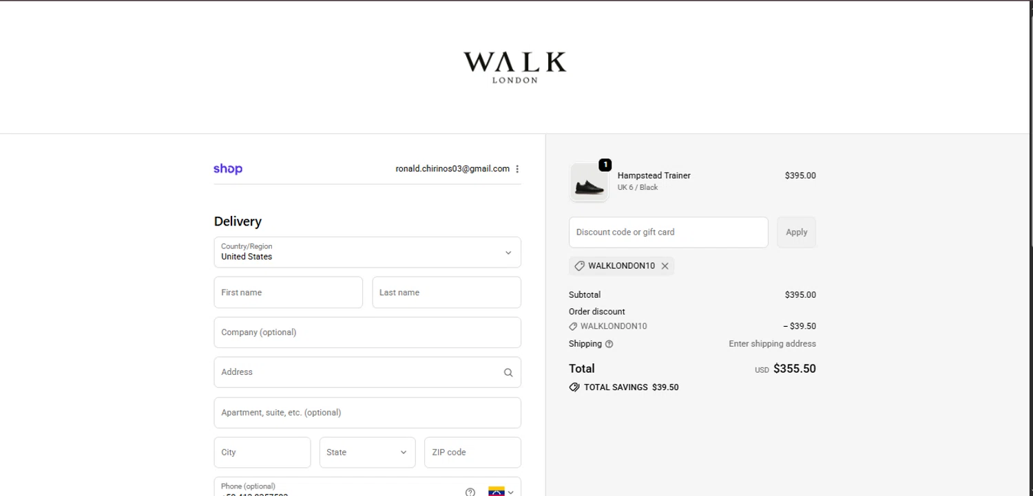 Walk London discount code screenshot showing code WALKLONDON10 applied at Walk London checkout page. Uploaded by SimplyCodes community member ValiantMaverick169 on Nov 19, 2025