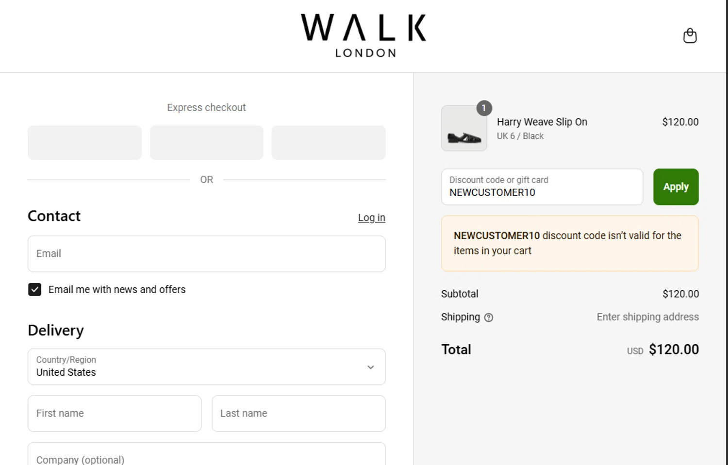 Walk London discount code screenshot showing code NEWCUSTOMER10 applied at Walk London checkout page. Uploaded by SimplyCodes community member GoldPhoenix3793 on Jun 18, 2025