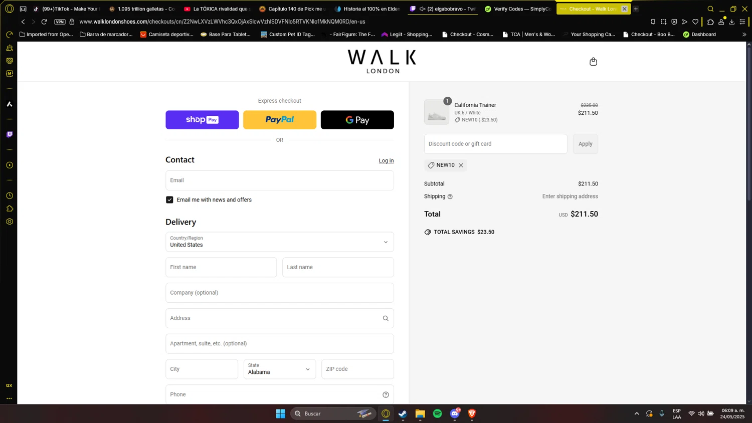 Walk London discount code screenshot showing code NEW10 applied at Walk London checkout page. Uploaded by SimplyCodes community member Anzeer on May 24, 2025