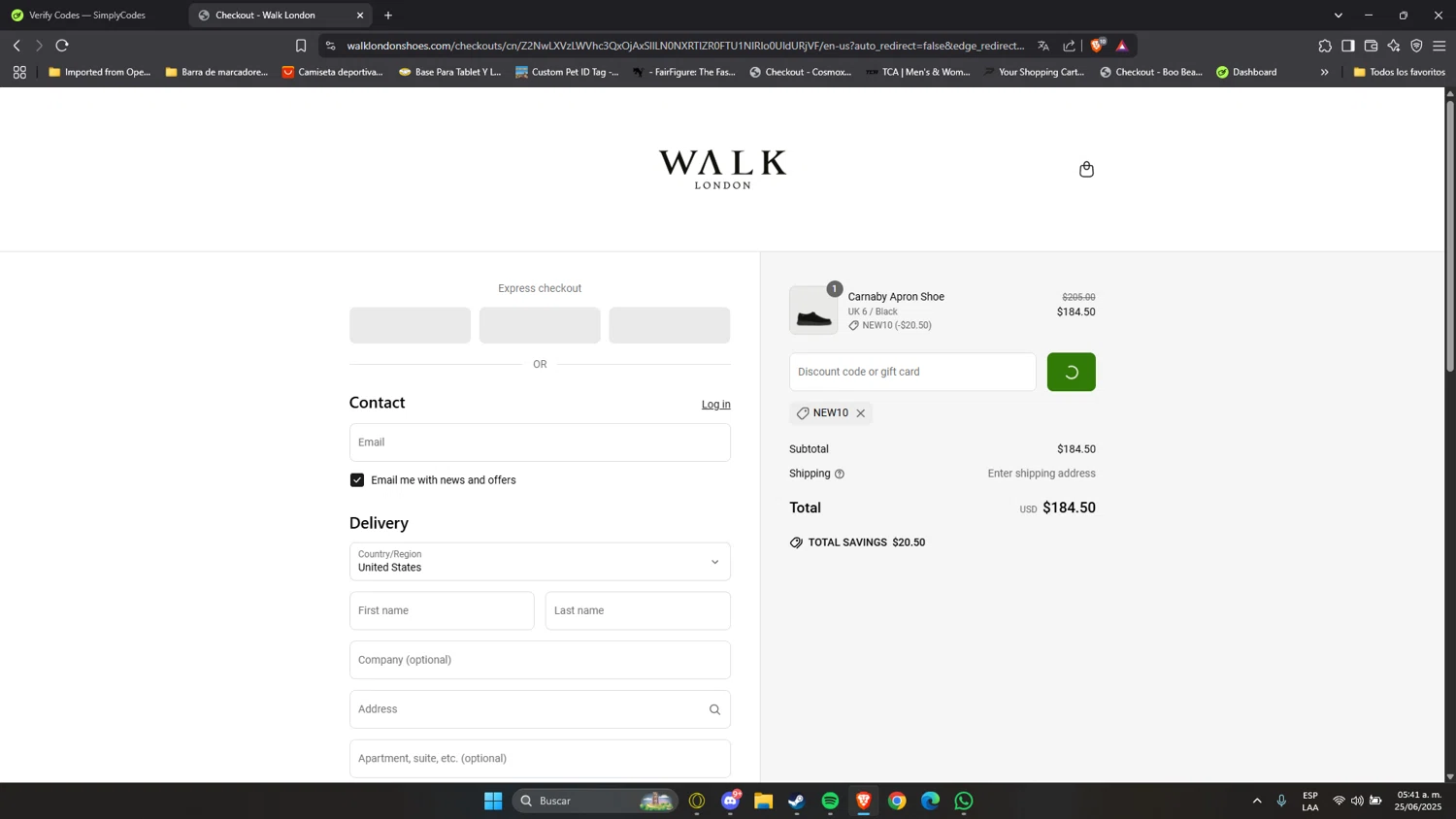Walk London discount code screenshot showing code NEW10 applied at Walk London checkout page. Uploaded by SimplyCodes community member Anzeer on Jun 25, 2025