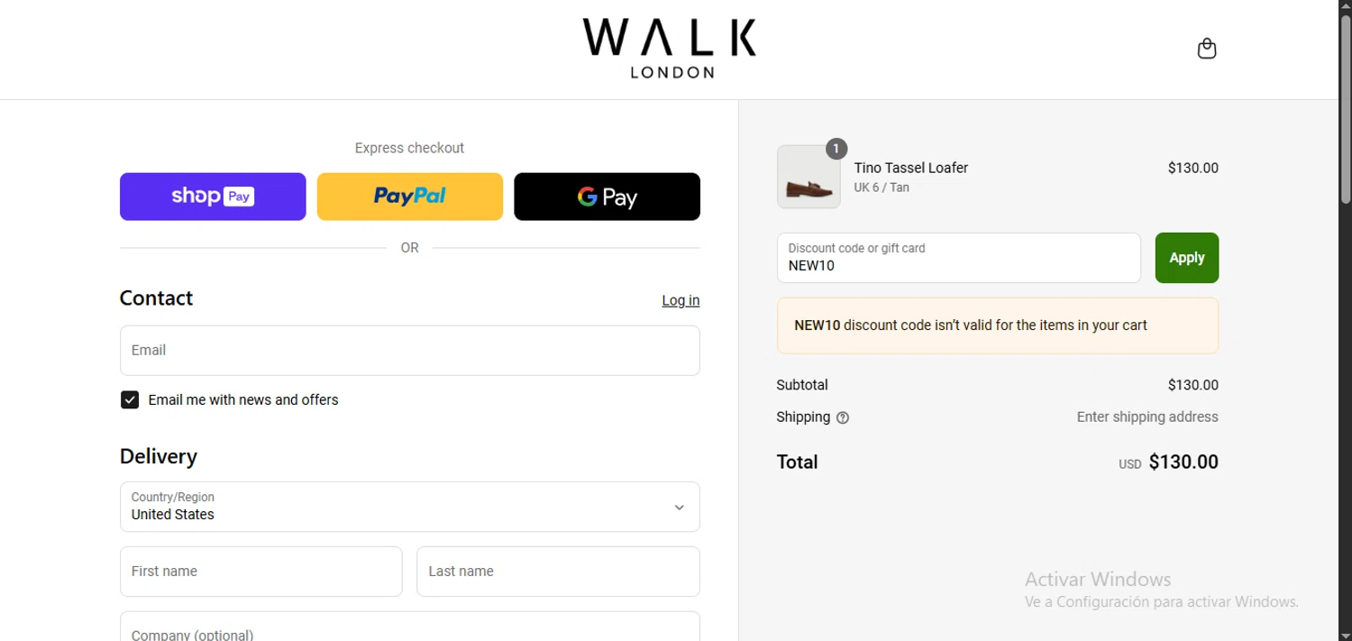 Walk London discount code screenshot showing code NEW10 applied at Walk London checkout page. Uploaded by SimplyCodes community member SwiftPhoenix267 on Jun 14, 2025