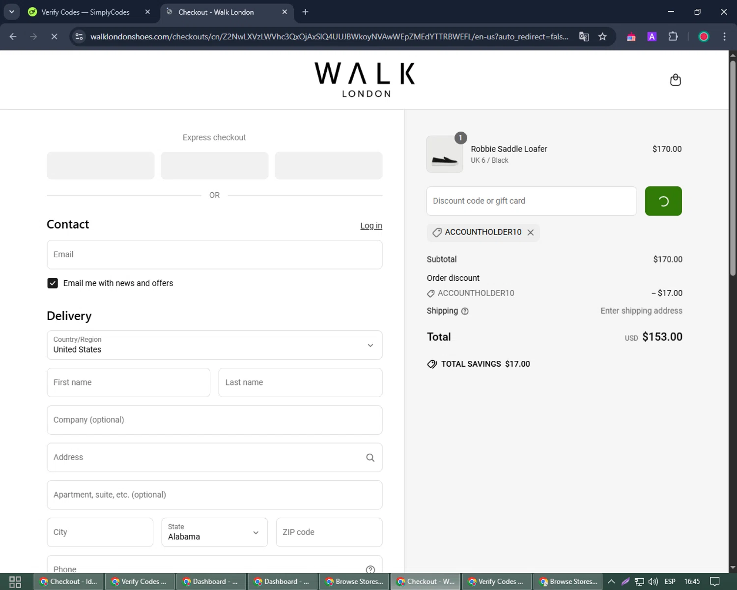 Walk London discount code screenshot showing code ACCOUNTHOLDER10 applied at Walk London checkout page. Uploaded by SimplyCodes community member Joseph_Davis on May 2, 2025