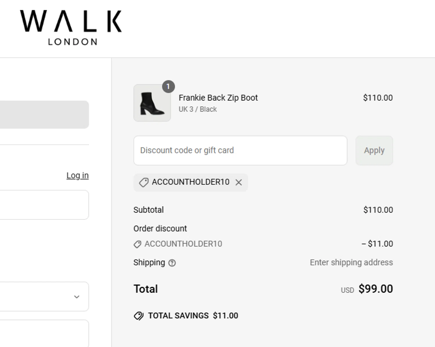 Walk London discount code screenshot showing code ACCOUNTHOLDER10 applied at Walk London checkout page. Uploaded by SimplyCodes community member ericramirez on Apr 25, 2025