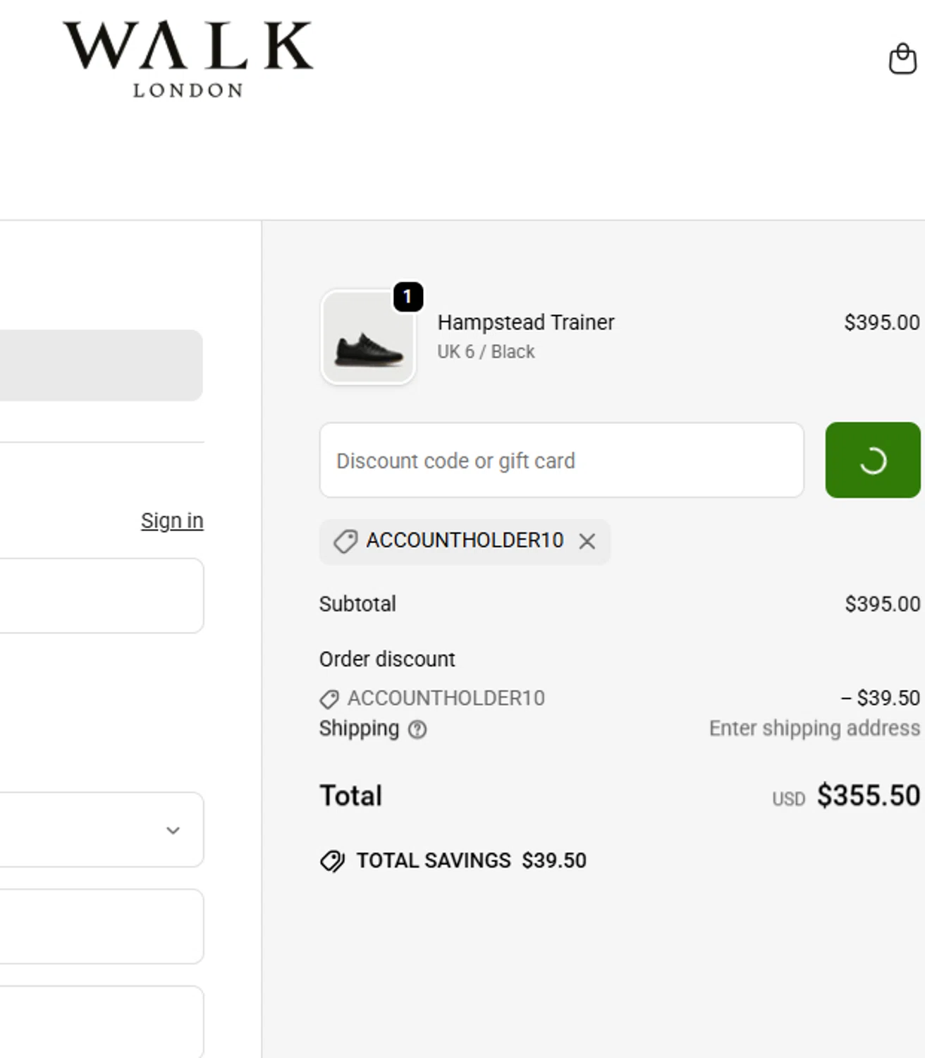 Walk London discount code screenshot showing code ACCOUNTHOLDER10 applied at Walk London checkout page. Uploaded by SimplyCodes community member usermariee on Sep 20, 2025
