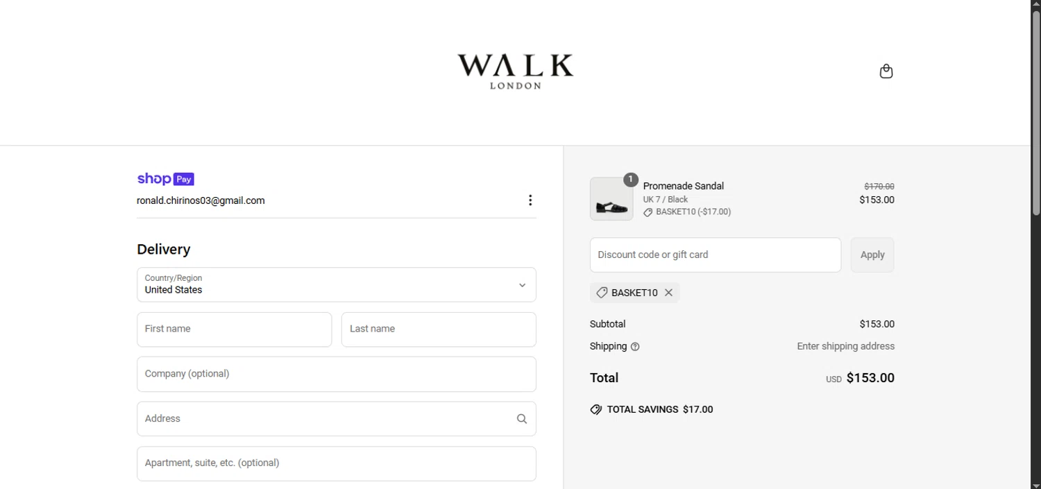 Walk London discount code screenshot showing code BASKET10 applied at Walk London checkout page. Uploaded by SimplyCodes community member ValiantMaverick169 on Jun 21, 2025