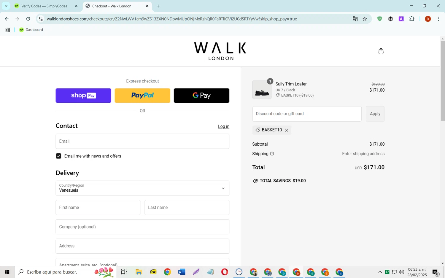 Walk London discount code screenshot showing code BASKET10 applied at Walk London checkout page. Uploaded by SimplyCodes community member SaleSaver3540 on Feb 28, 2025