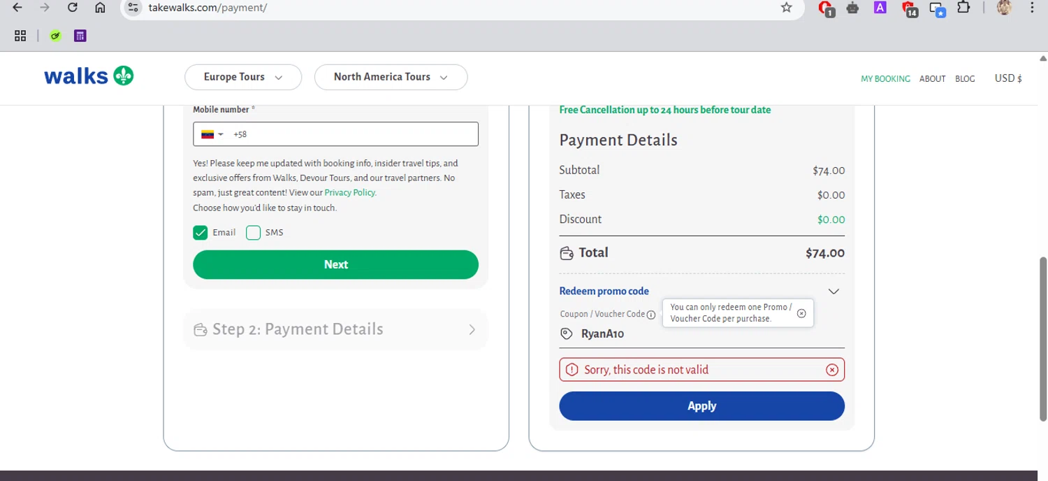 Walks promo code screenshot showing code RyanA10 applied at Walks checkout page. Uploaded by SimplyCodes community member ROCKSORD_2 on Mar 25, 2025