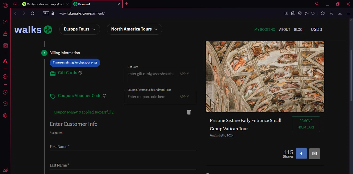 Walks checkout page showing Walks promo code box | Screenshot taken by SimplyCodes community member on Aug 1, 2024