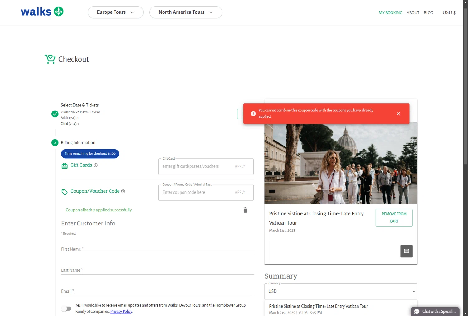 Walks checkout page showing Walks promo code box | Screenshot taken by SimplyCodes community member on Feb 5, 2025