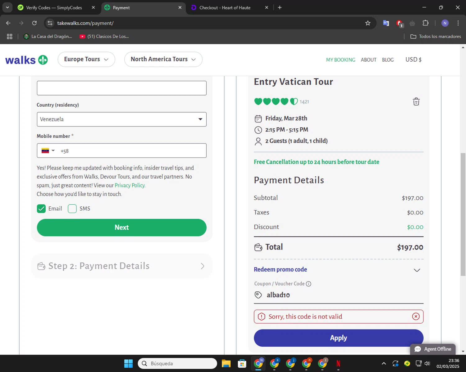 Walks promo code screenshot showing code albad10 applied at Walks checkout page. Uploaded by SimplyCodes community member RoyalGuardian2978 on Mar 3, 2025